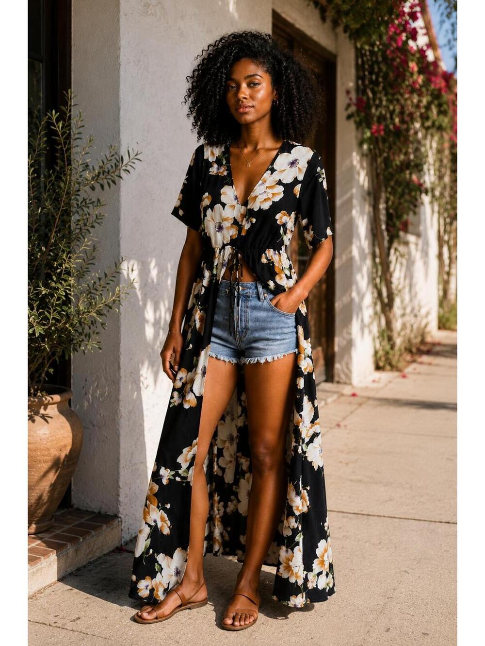 SHEIN Navy Blue Floral Maxi Kimono Dress Cover-Up | Size M